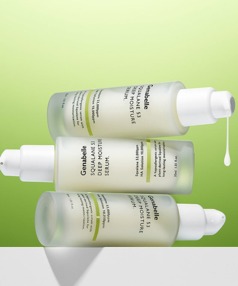 GENABELLE Squalane 53 Deep Moisture Serum 30ml : flacons et texture goutte, sur fond vert, marque Genabelle.