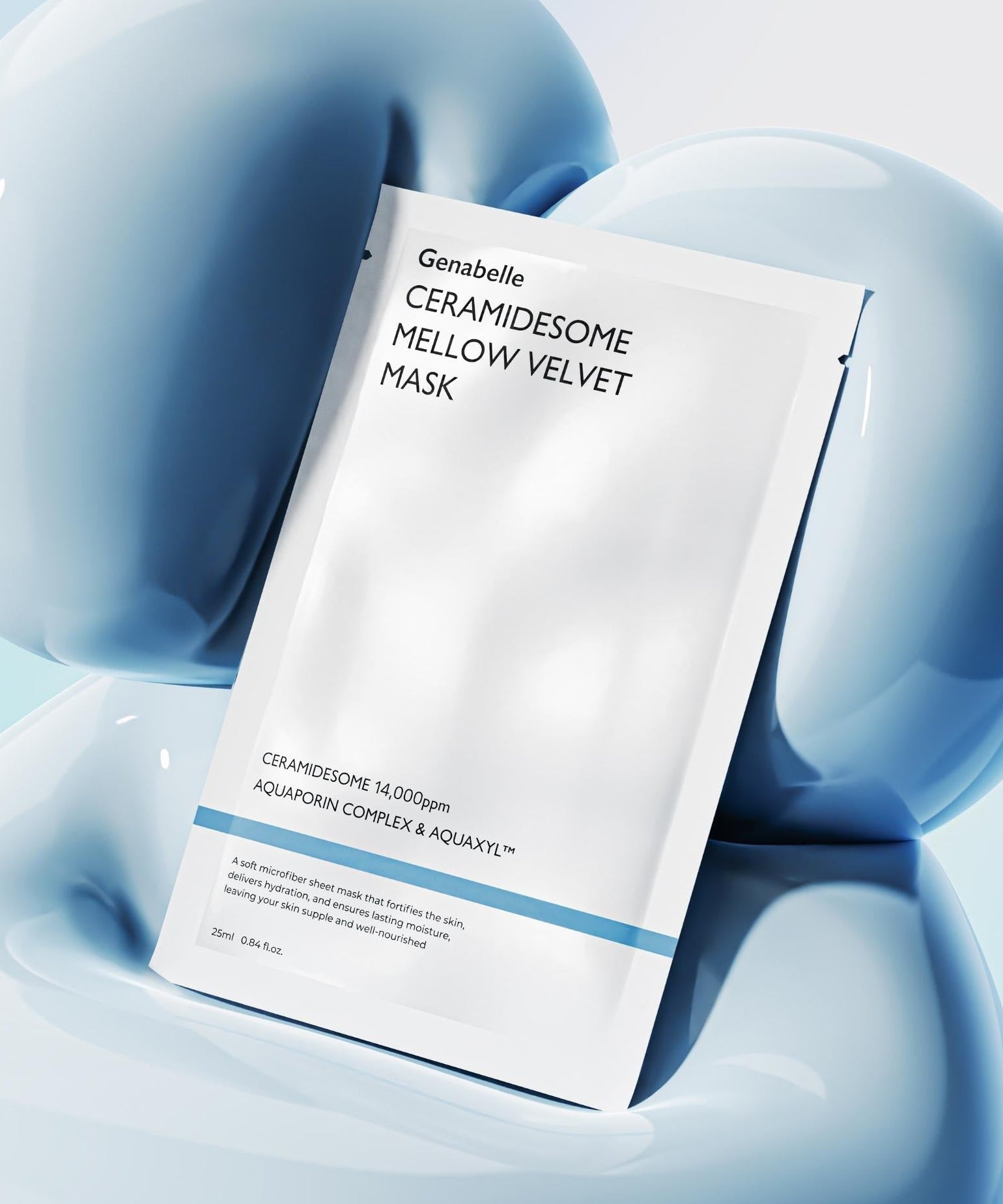 Masque GENABELLE Ceramidsome Mellow Velvet Mask 5ea sur fond bleu, soin visage hydratant et apaisant en paquet de 5 unités.