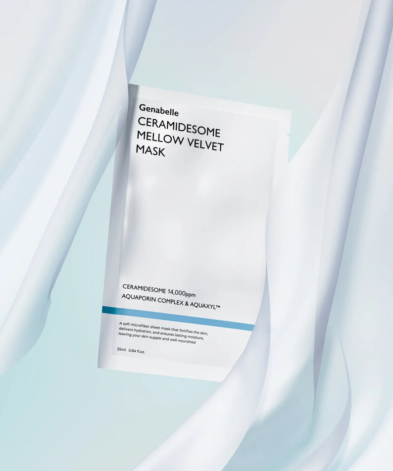 Masque GENABELLE Ceramidsome Mellow Velvet 5ea enveloppé dans un voile blanc élégant, soin hydratant et apaisant pour la peau.
