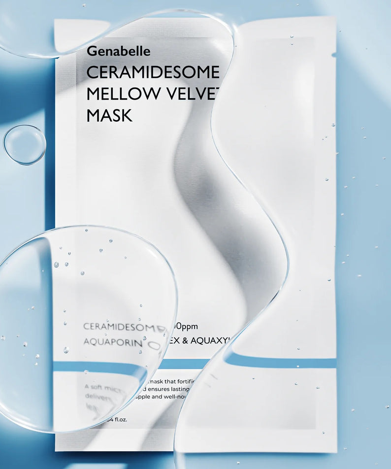 GENABELLE Ceramidsome Mellow Velvet Mask 5ea en gros plan avec bulles d'eau, idéal pour un soin hydratant et apaisant du visage.