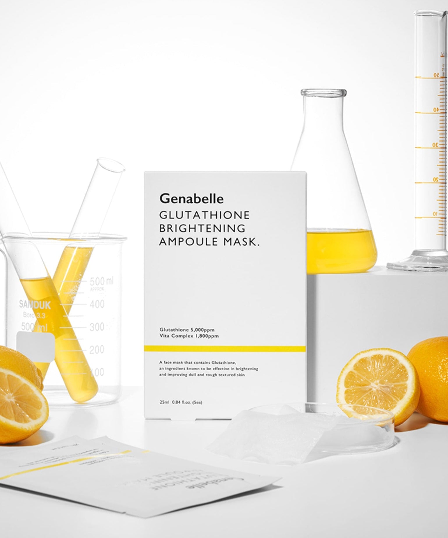 Image du produit GENABELLE Glutathione Brightening Ampoule Mask 5ea avec tubes de laboratoire et citrons en décor.
