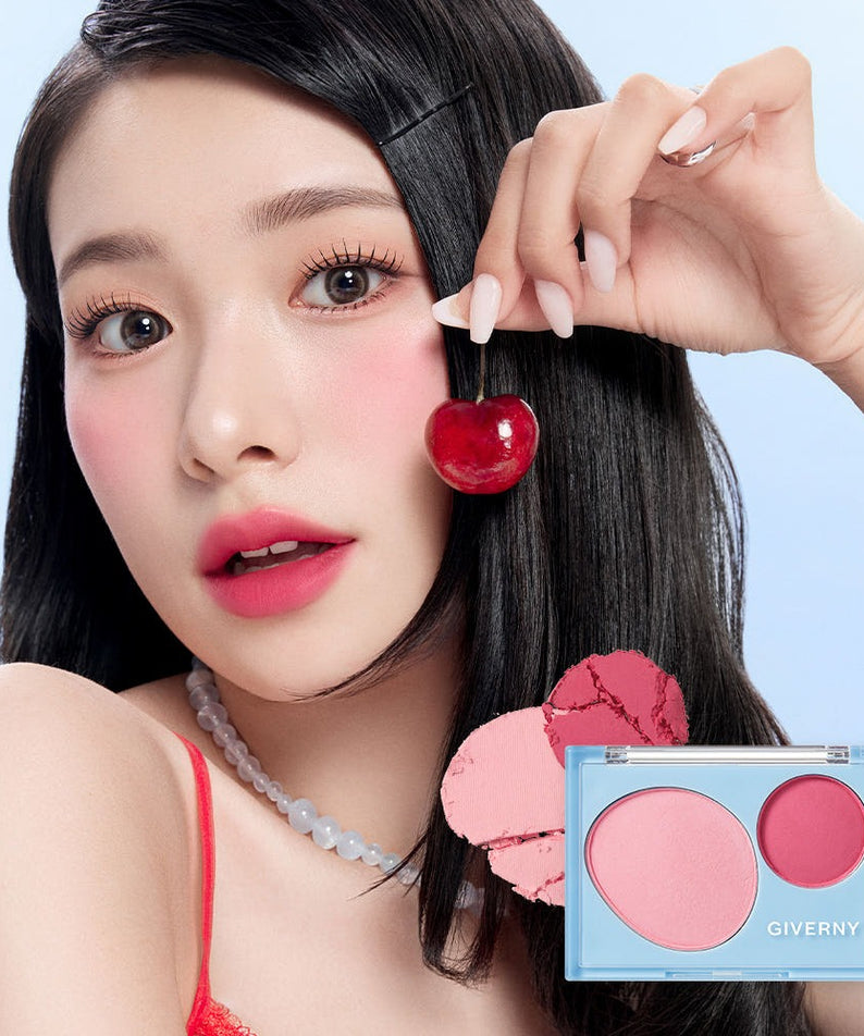 GIVERNY Fluffy Dual Blusher 7.4g : duo blush du maquillage GIVERNY, maquillage femme avec blush rose en gros plan