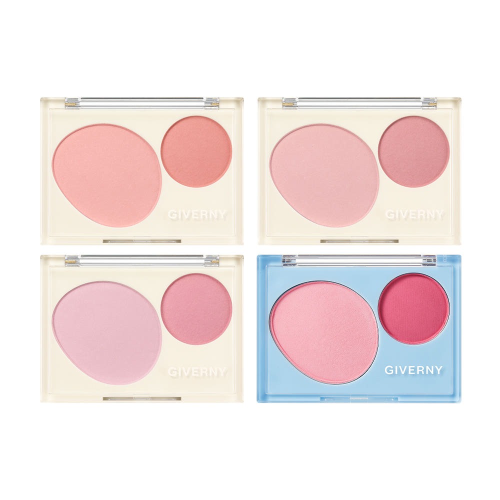 GIVERNY Fluffy Dual Blusher 7.4g, blusher en duo dans un écrin, tons roses et mauves sur fond blanc.