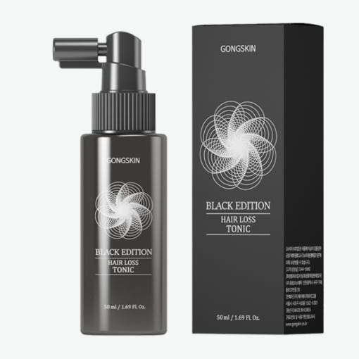 GONGSKIN  Backup Hair Hair Loss Tonic 50ml, flacon noir et étui, produit beauté anti-chute sur fond blanc