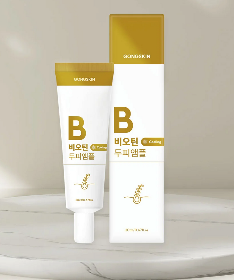 GONGSKIN   Biotin Cooling Scalp Ampoule 20ml, flacons sur marbre, présentation produit marque GONGSKIN (contexte beauté)