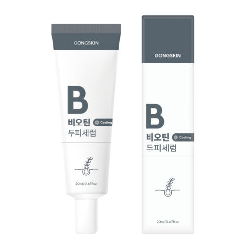 Décris l’image en français : GONGSKIN  Biotin Cooling Scalp Serum 20ml, flacon blanc et tube avec “Cooling” sur fond clair.