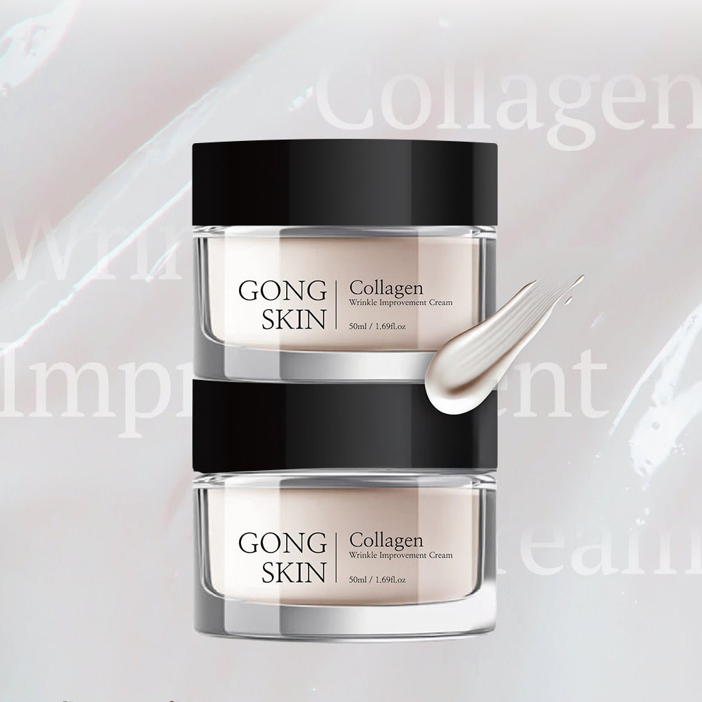 Décris l'image en français : GONGSKIN Collagen Wrinkle Improvement Cream 50ml, pots, marque GONGSKIN, fond blanc apaisant.
