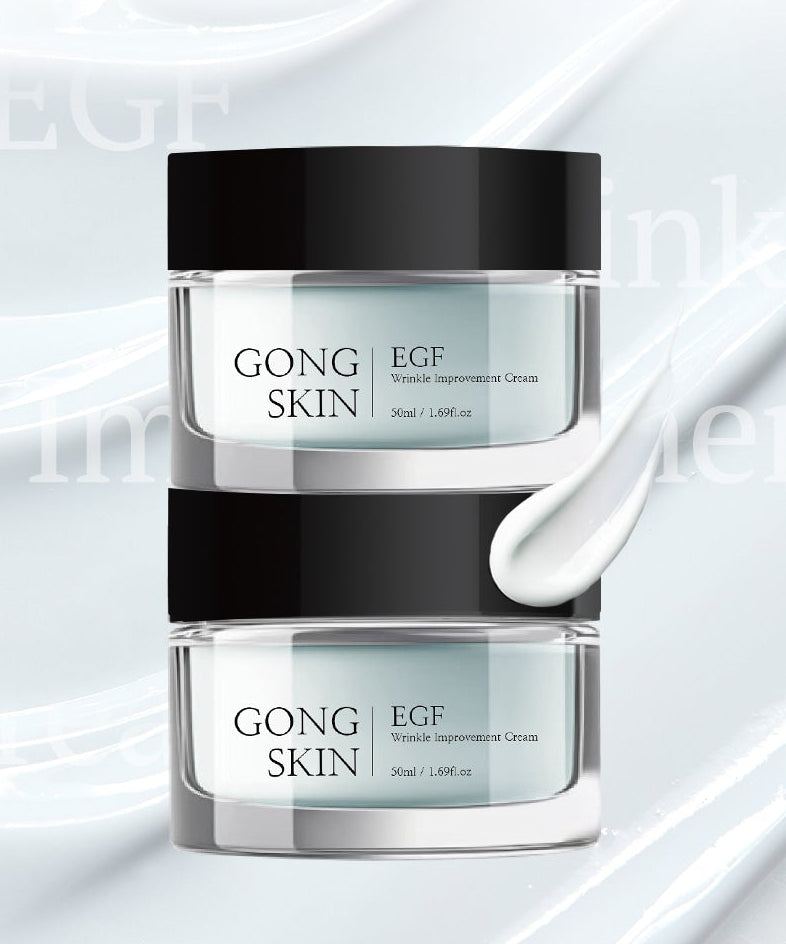GONGSKIN EGF Wrinkle Improvement Cream 50ml, crème anti-rides de GONGSKIN sur fond blanc et vaporisateurs stylisés.