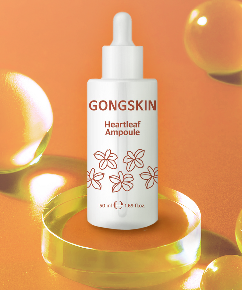 GONGSKIN  Heartleaf Ampoule 50ml, flacon en studio sur fond orange avec bulles dorées, marque GONG SKIN visible