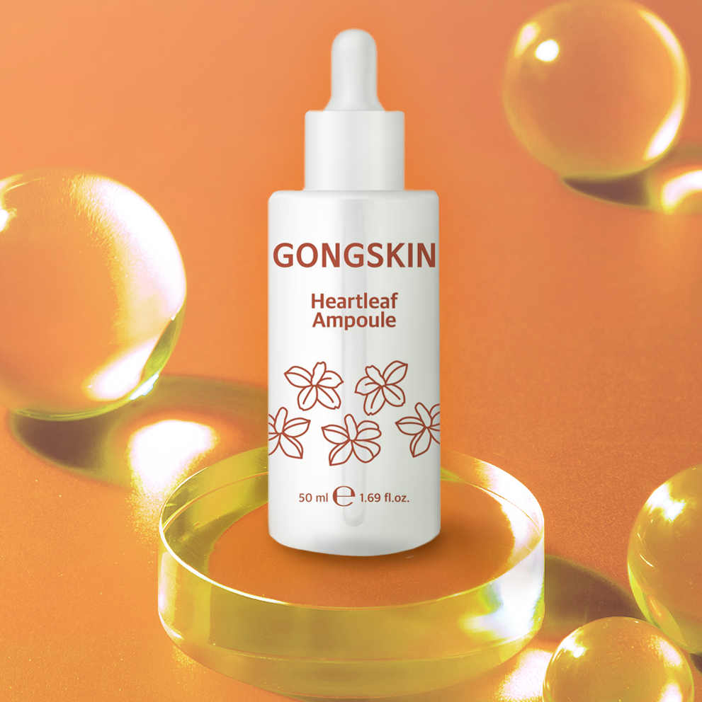 GONGSKIN  Heartleaf Ampoule 50ml, flacon en studio sur fond orange avec bulles dorées, marque GONG SKIN visible