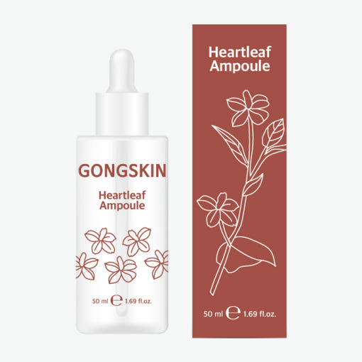 GONGSKIN Heartleaf Ampoule 50ml, sérum à base de feuille de cœur, bouteille et étui design floral sur fond blanc