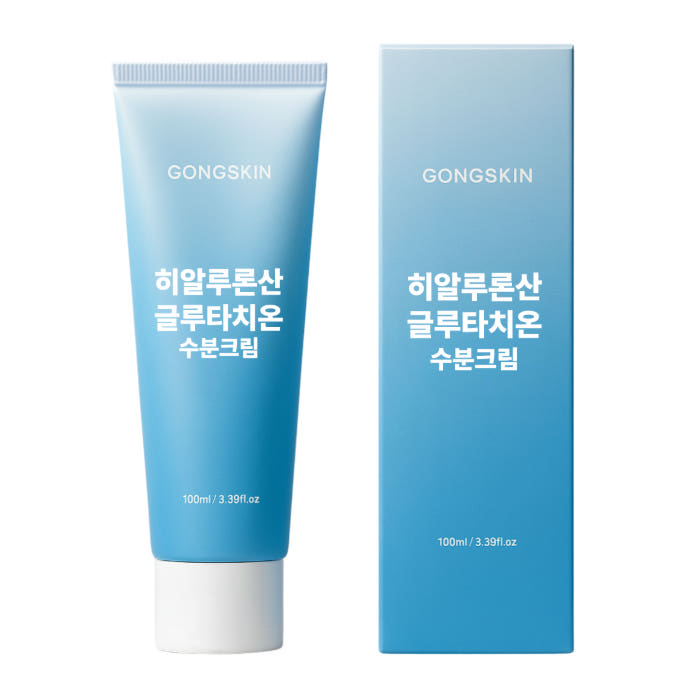 Photo produit : GONGSKIN Hyaluronic Acid Glutathione Moisturizing Cream 100ml, tube et boîte sur fond clair.