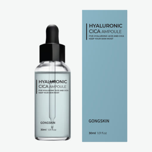 Photo du sérum GONGSKIN Hyaluronic Cica Ampoule 30ml avec flacon et boîte bleue sur fond clair.