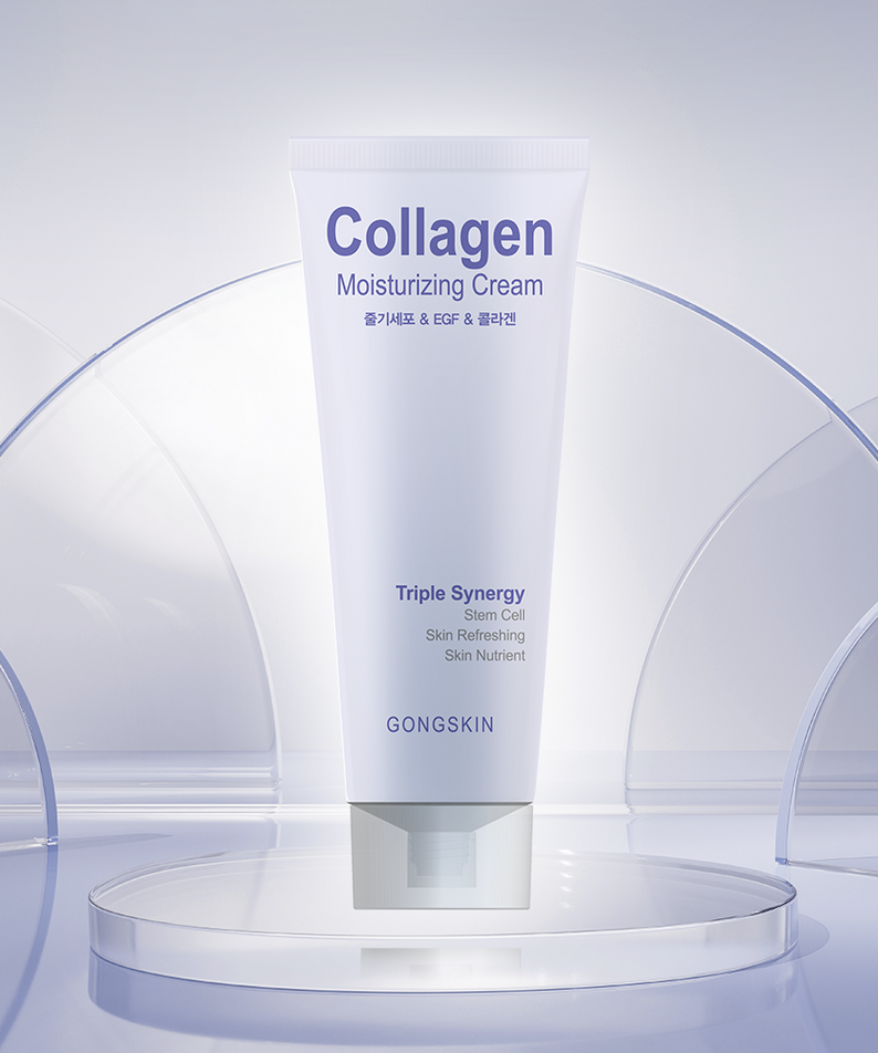 GONGSKIN Stem Cell & EGF & Collagen Moisturizing Cream 100ml, tube blanc sur socle bleu clair, visuel cosmétique produit