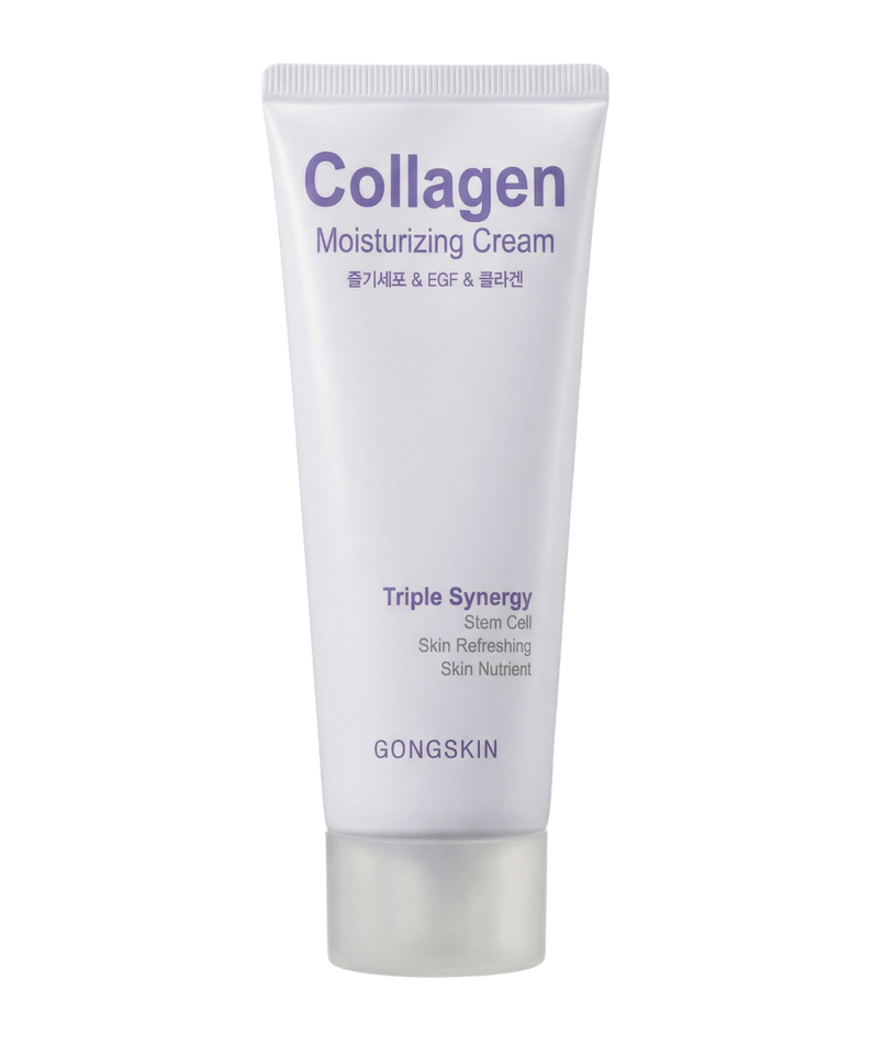 Décris l'image en français : GONGSKIN Stem Cell & EGF & Collagen Moisturizing Cream 100ml, tube crème blanc sur fond clair.