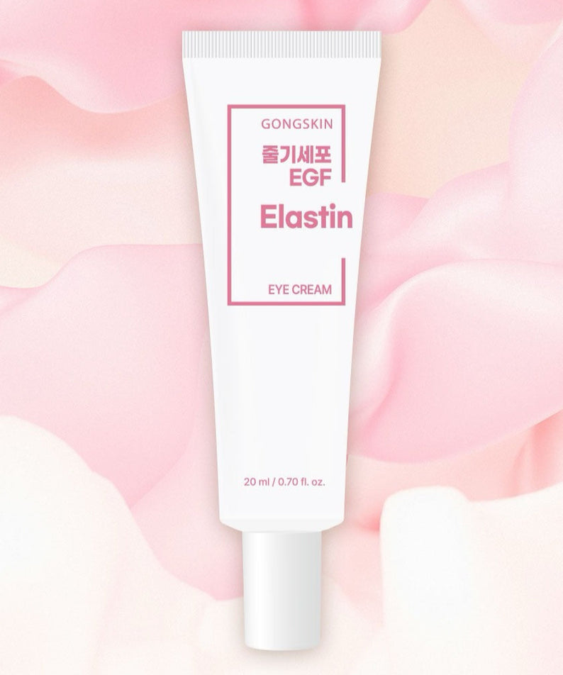 GONGSKIN  Stem Cell EGF Elastin Eye Cream 20ml, tube blanc sur fond rose fleurs, crème contour des yeux de la marque