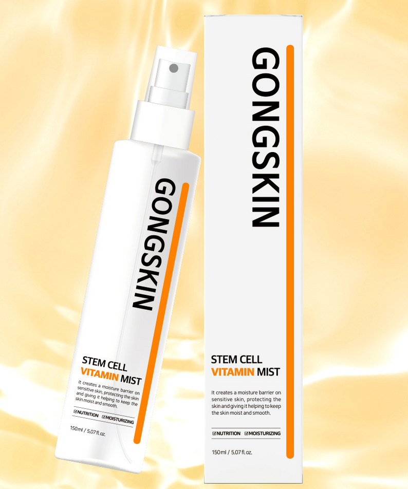 Décris l'image en français : GONGSKIN  Stem Cell Vitamin Summer Mist 150ml, flacon et étui, fond jaune lumineux.
