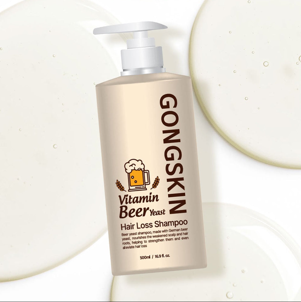 GONGSKIN Vitamin Beer Yeast Hair Loss Shampoo 500ml de la marque GONGSKIN, flacon sur fond blanc, contexte cosmétique.