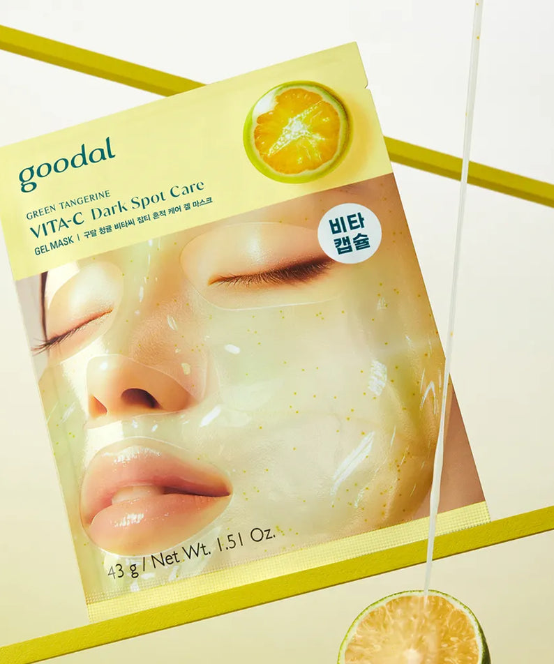 GOODAL Gel Mask (Green Tangerine/Eoseongcho) de Goodal, masque gel sur étui de produit, affiche verte avec agrume