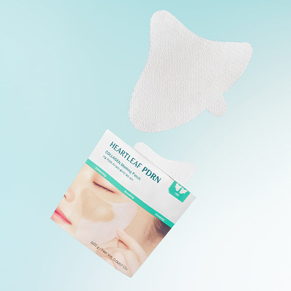 Décris l'image en français : GOODAL Heartleaf PDRN Collagen Melting Patch (4 sheets) avec patch blanc sur fond bleu