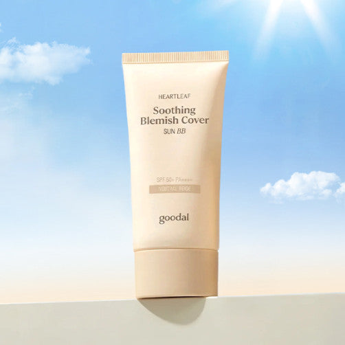 Décris l'image en français : GOODAL Eoseongcho Soothing Blemish Cover Sun BB Cream 50ml sur fond ciel bleu.