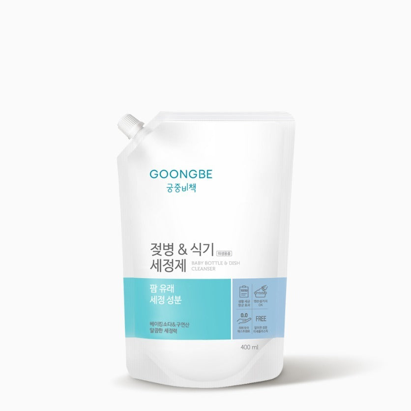 GOONGBE  Baby bottle & dishwashing detergent Caprefill 400ml, recharge liquide sur fond blanc, marque GOONGBE en évidence.