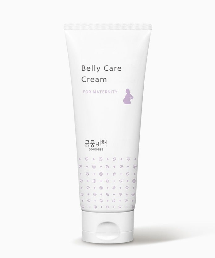 GOONGBE  Belly Care Cream 200ml en tube blanc, crème ventre maternité, fond clair; marque GOONGBE visible.