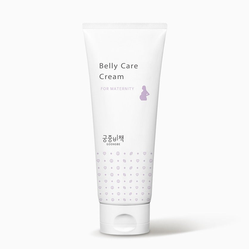 GOONGBE  Belly Care Cream 200ml en tube blanc, crème ventre maternité, fond clair; marque GOONGBE visible.