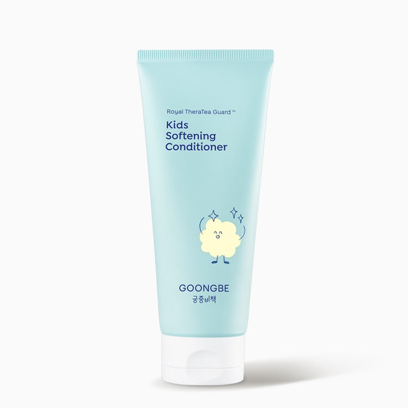 GOONGBE  Gungjungbicheok Kids Softening Conditioner 200ml : tube bleu clair de la marque, décor enfant sur fond blanc.