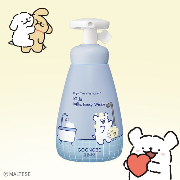 Décris l'image en français en mentionnant le produit, la marque et le contexte visuel : GOONGBE  Kids Mild Body Wash 300ml [Gungjungbicheok x Maltese].