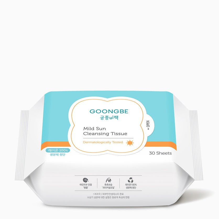 GOONGBE  Mild Sun Cleansing Tissue 30 sheets, lingettes visage douces sur emballage bleu clair, produit de marque GOONGBE.