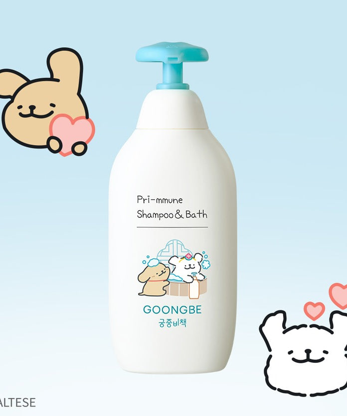 GOONGBE  Pri-mmune Shampoo & Bath 350ml [Gungjungbicheok x Maltese] : flacon avec mascottes sur fond bleu clair.
