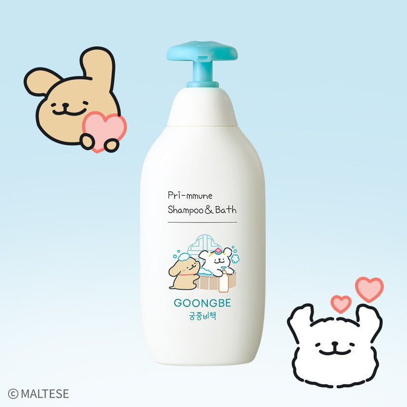 GOONGBE  Pri-mmune Shampoo & Bath 350ml [Gungjungbicheok x Maltese] : flacon avec mascottes sur fond bleu clair.