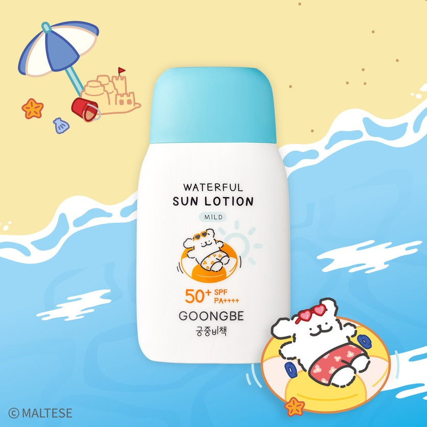 GOONGBE  Waterfull Sun Lotion Mild 80g [Gungjungbicheok x Maltese], crème solaire illustrée, plage/soleil, visuel cartoon Maltesé