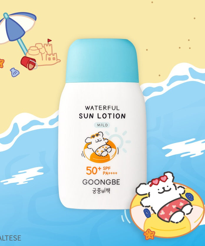 GOONGBE Waterfull Sun Lotion Mild 80g [Gungjungbicheok x Maltese], écran solaire avec illustration de chiot flottant et motif d'été.