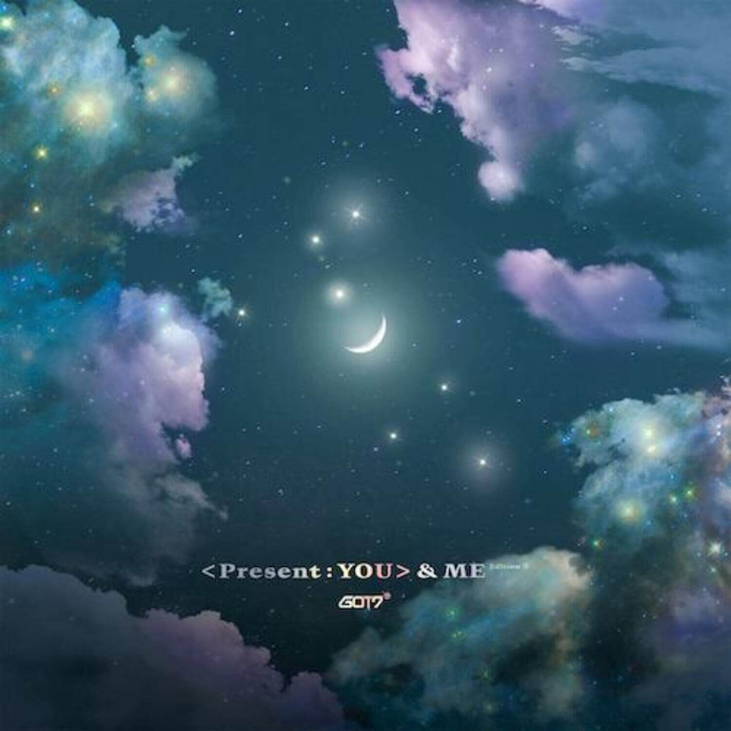 GOT7 - Present : YOU & ME Edition ( 3 Random) - Album Kpop, visuel espace nuageux avec lune et étoiles, marque GOT7