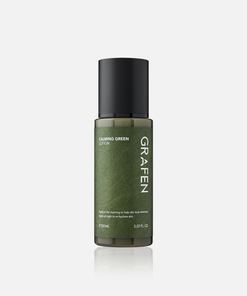 GRAFEN  Calming Green Lotion 150ml, flacon vert apaisant sur fond blanc, vue produit, branding GRAFEN