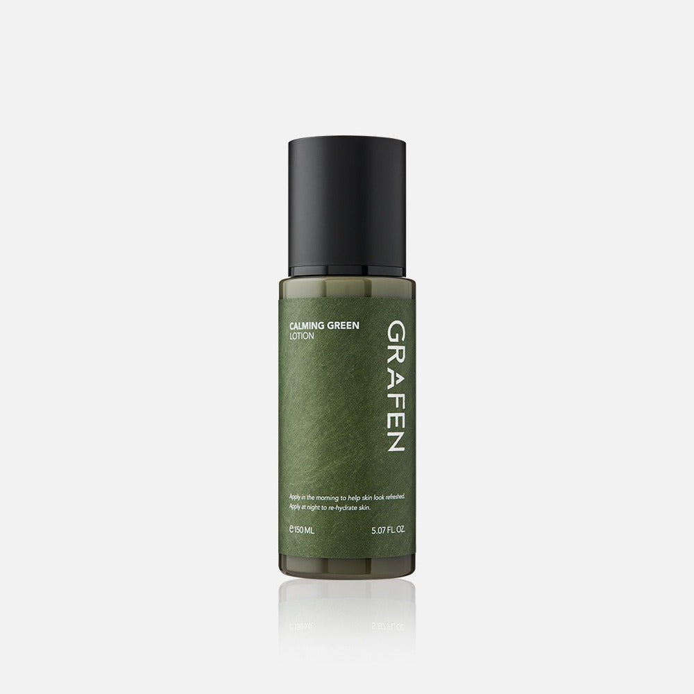 GRAFEN  Calming Green Lotion 150ml, flacon vert apaisant sur fond blanc, vue produit, branding GRAFEN