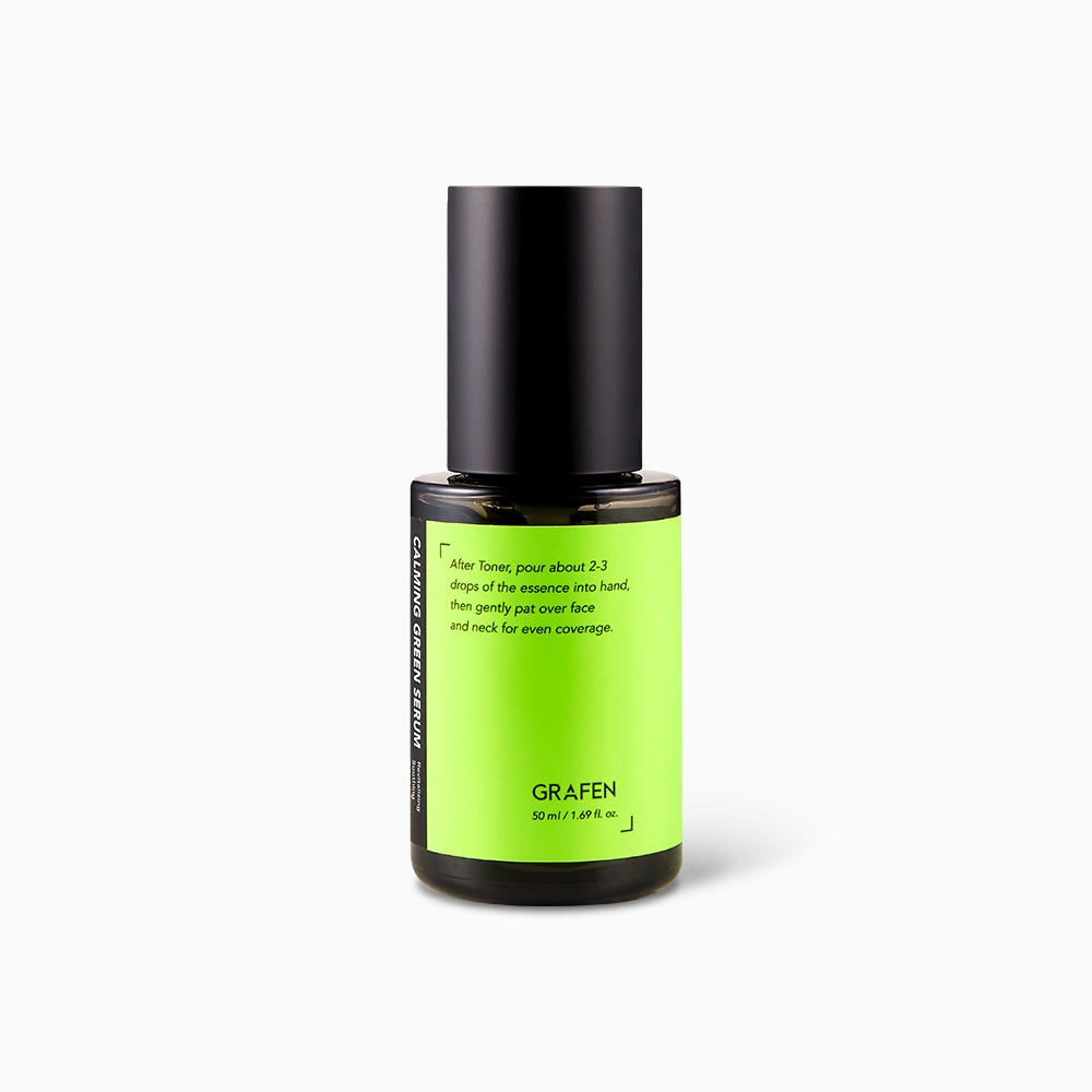 GRAFEN  Calming Green Serum 50ml : sérum vert apaisant sur fond clair, bouteille stylée, marque GRAFEN