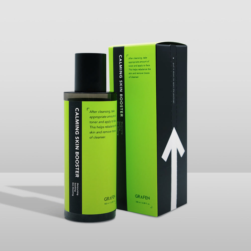 GRAFEN  Calming Green Skin 180ml, flacon et étui vert apaisant, pack cosmétique sur fond clair, photo produit.