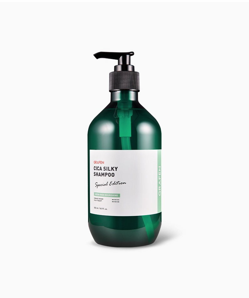 GRAFEN  Cica Silky Shampoo 500ml, flacon de shampooing vert à pompe sur fond blanc, branding produit.