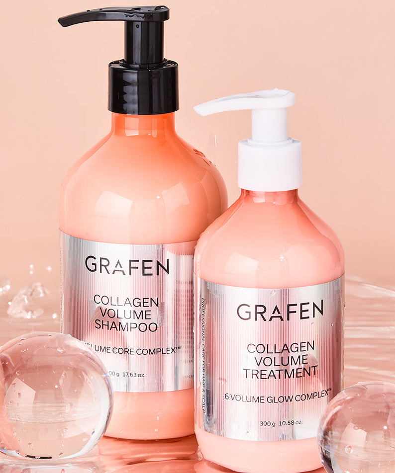 GRAFEN  Collagen Volume Shampoo 500ml en flacons roses sur fond rose, bulles et bulles cosmétiques, marque GRAFEN