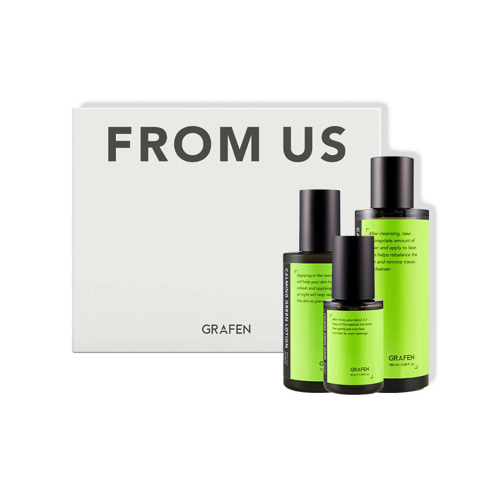 GRAFEN  From Us Calming Green Skin Care Gift Set, pack produit et flacons verts sur fond noir, marque FROM US
