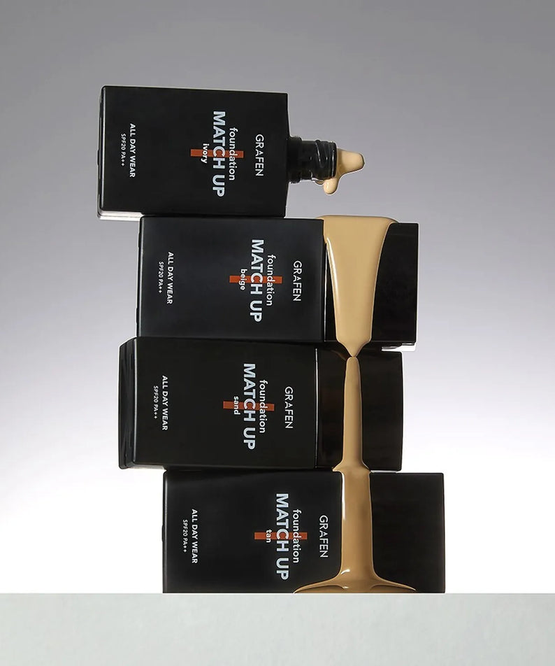 GRAFEN  Match Up Foundation 40ml, flacons et packaging noirs sur fond clair, goutte de fondation maquillage