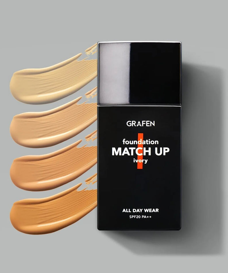 GRAFEN  Match Up Foundation 40ml : packaging noir et échantillons de fond de teint ivoire sur fond gris.