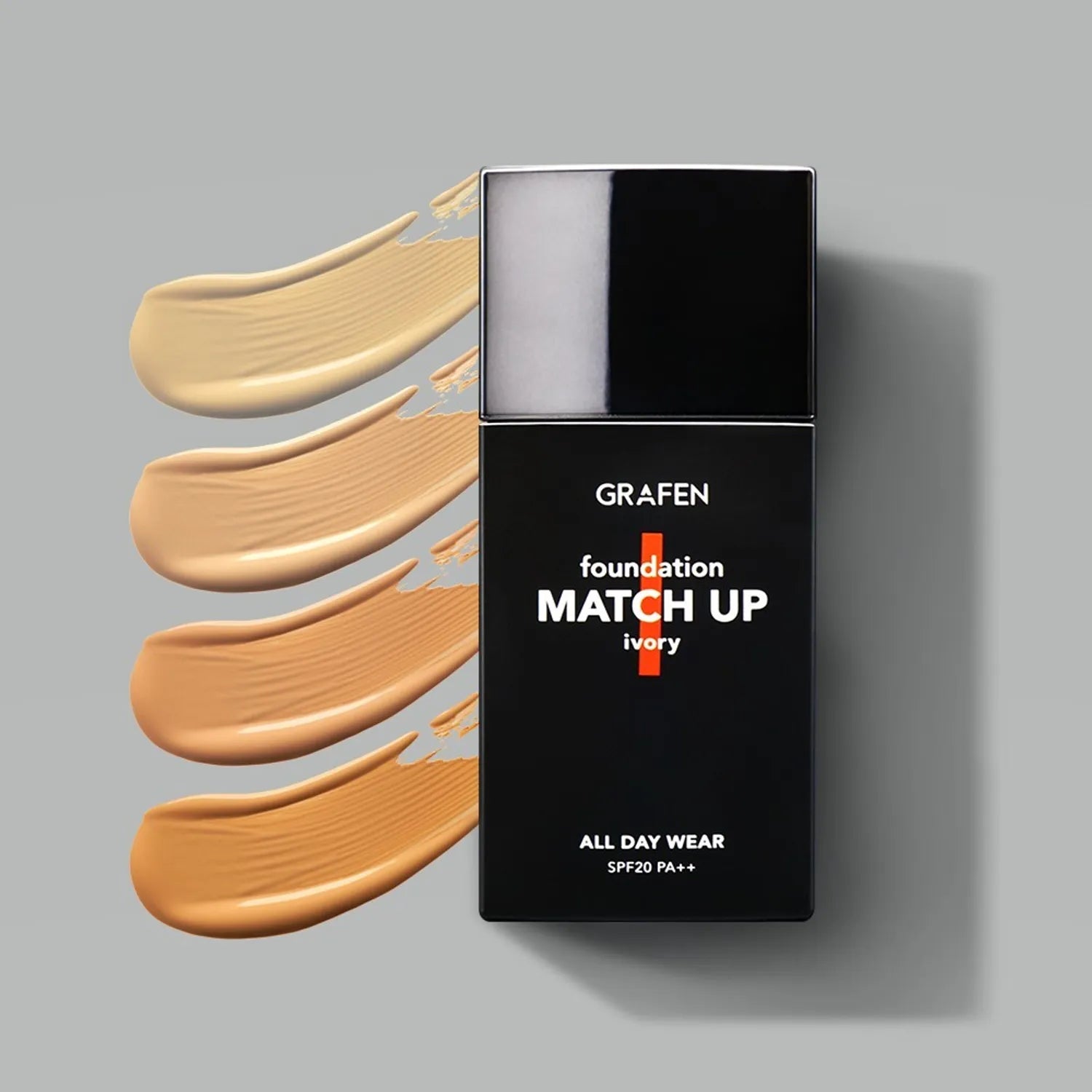 GRAFEN  Match Up Foundation 40ml : packaging noir et échantillons de fond de teint ivoire sur fond gris.
