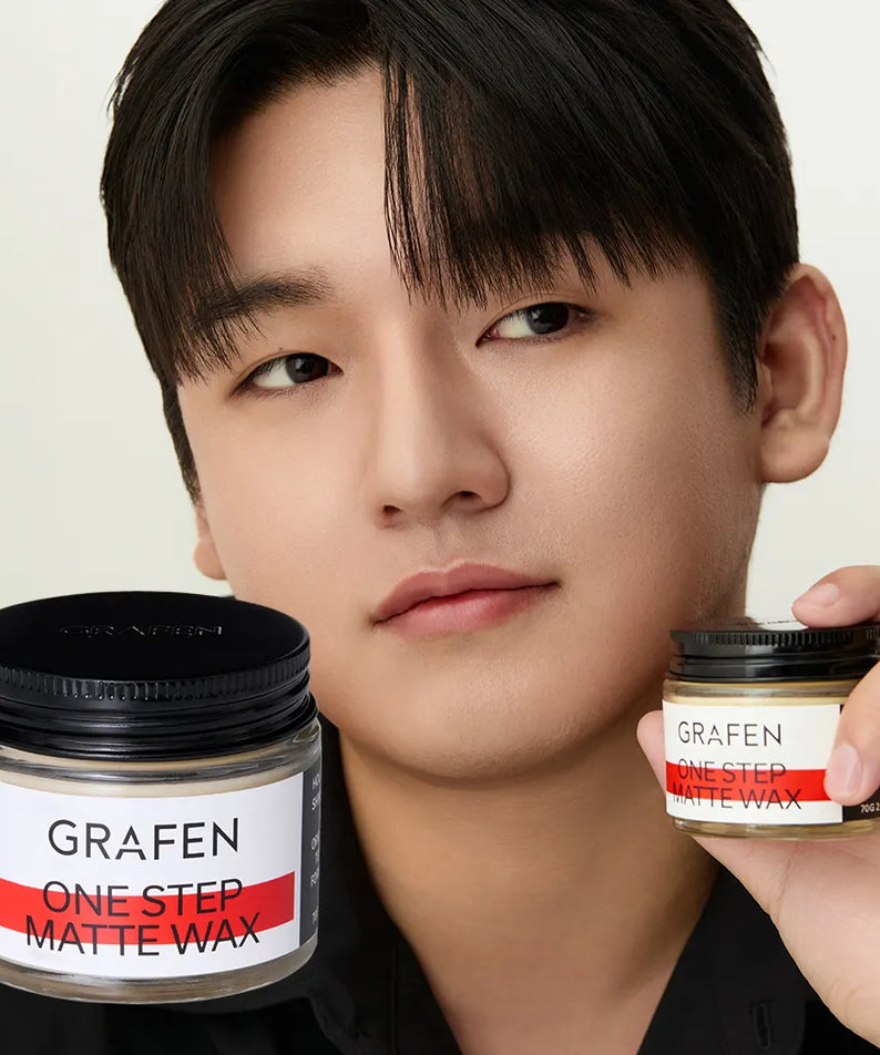 GRAFEN One-Step Matte Wax 70g : pot de cire mate en vue, visage d’homme en arrière-plan, style coiffure