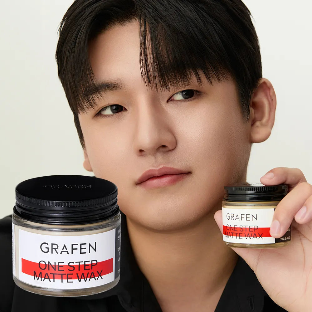 GRAFEN One-Step Matte Wax 70g : pot de cire mate en vue, visage d’homme en arrière-plan, style coiffure