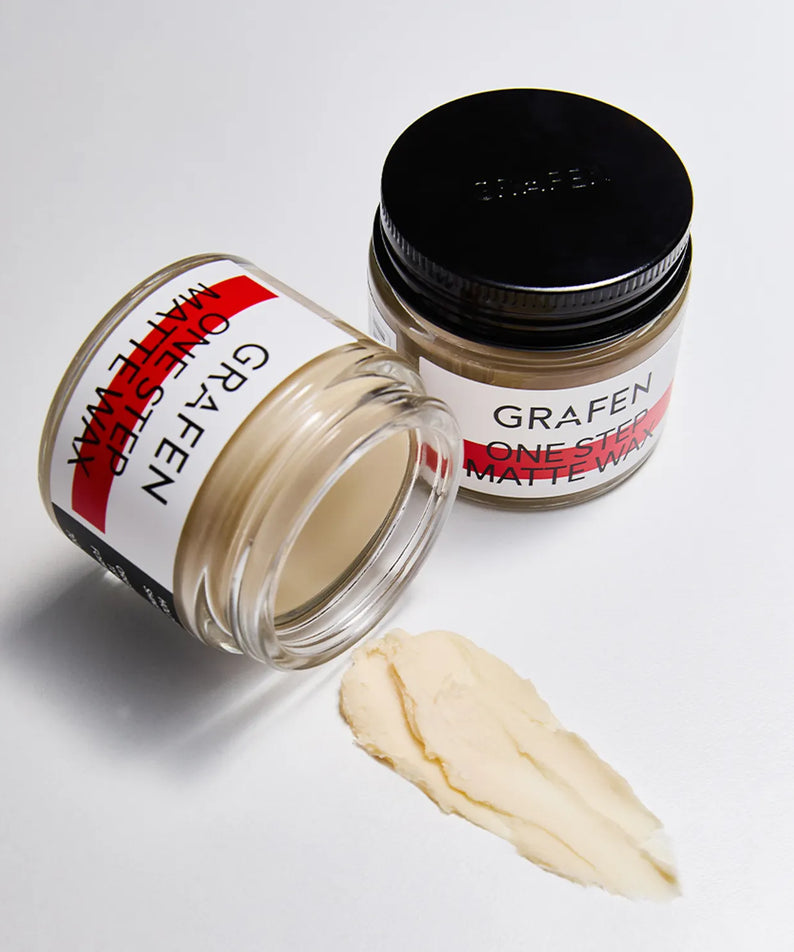 GRAFEN One-Step Matte Wax 70g, pot de cire coiffante mate sur fond clair, contexte cosmétique visuel.