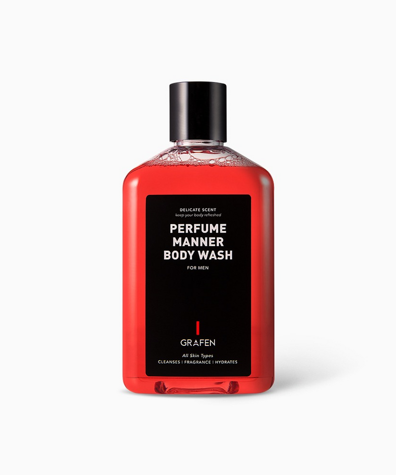 GRAFEN  Perfume Manner Body Wash 250ml : flacon rouge noir sur fond blanc, gel douche parfumé pour hommes